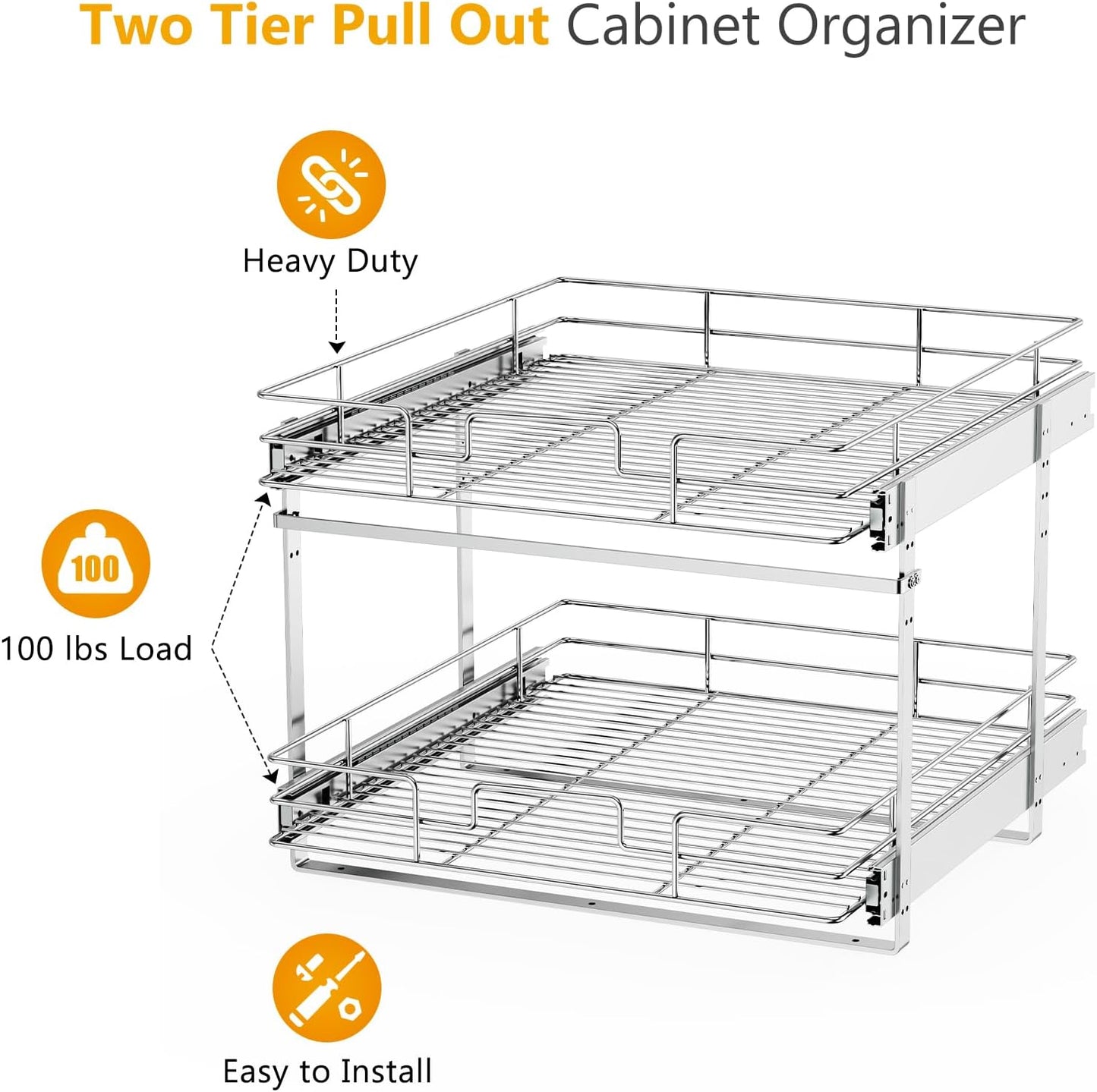 LOVMOR Slide Out Cabinet Organizer for Kitchen, 2 Tier Pull Out Shelves Sliding Cabinet Organizer and Storage, Chrome (16.5" W x 20.5" D)