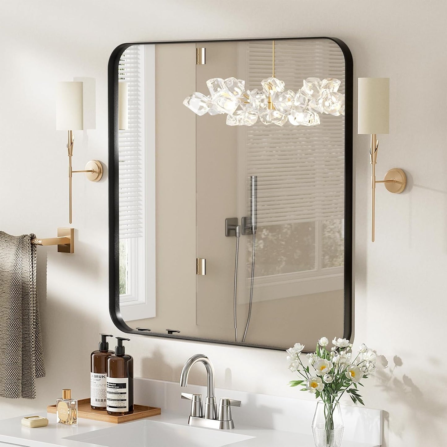 Hausvita LOVMOR Gold Bathroom Mirrors for Wall, 20X30 Inch Rounded Rectangle Mirror, Gold Bathroom Vanity Mirror, Metal Framed Wall-Mounted Mirror,Tempered Glass,（Horizontally or Vertically