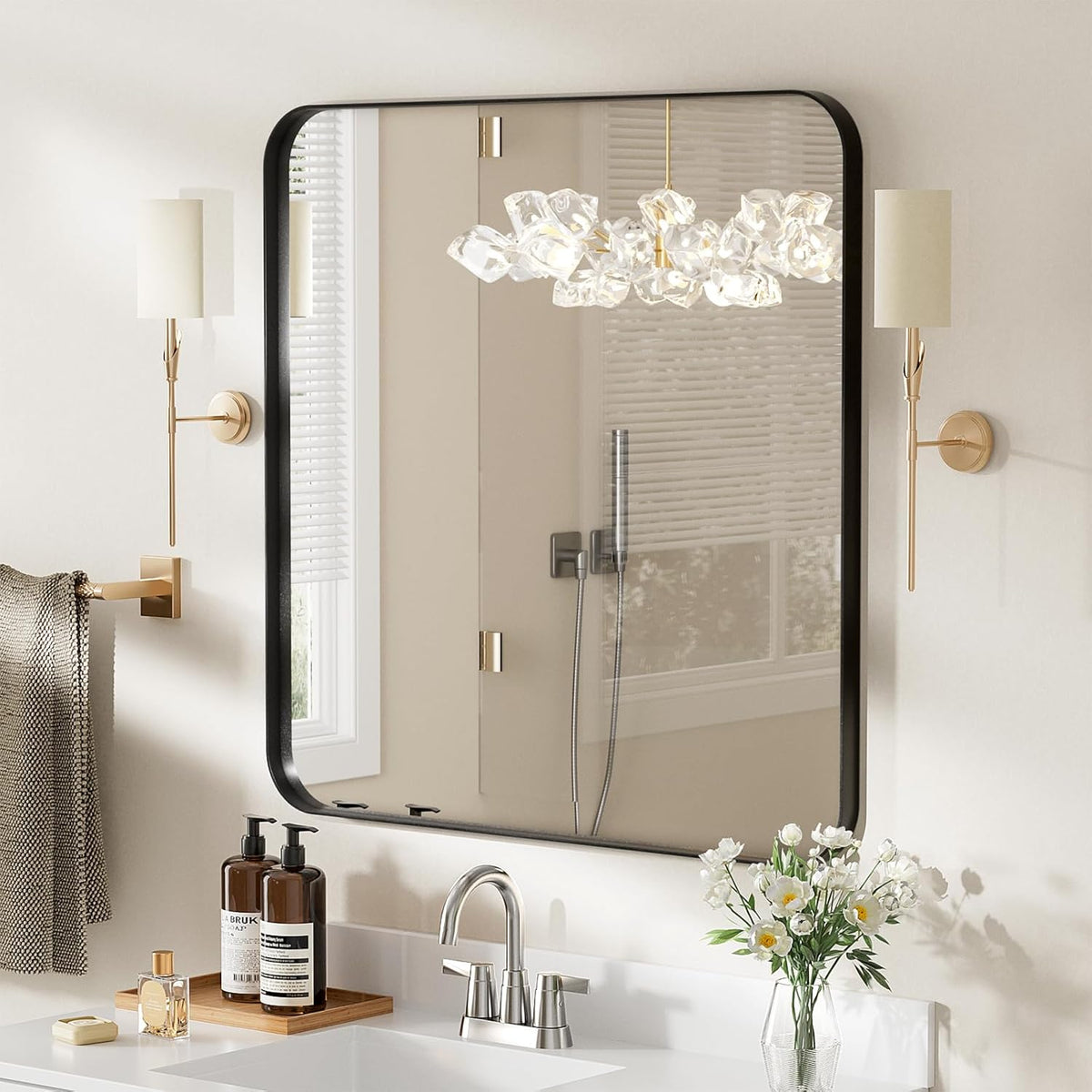 Lovmor Gold Bathroom Mirrors for Wall, 20X30 Inch Rounded Rectangle Mirror, Gold Bathroom Vanity Mirror, Metal Framed Wall-Mounted Mirror,Tempered Glass,（Horizontally or Vertically