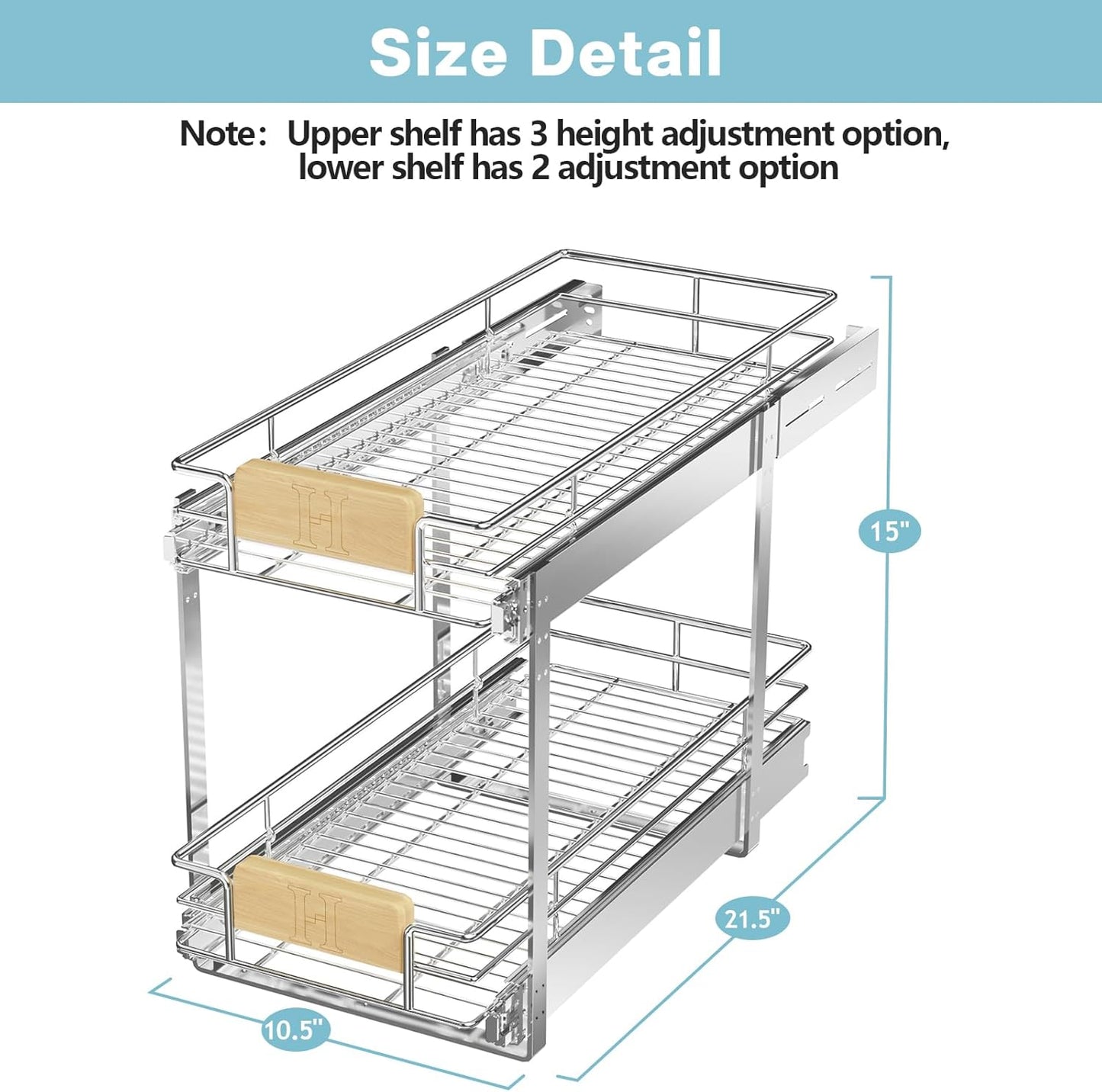 LOVMOR 2 Tier Pull Out Cabinet Organizer 10½" W x 21½" D, Slide Out Drawers with Wooden Handle, Sliding Shelves Organization and Storage for Kitchen, Pantry