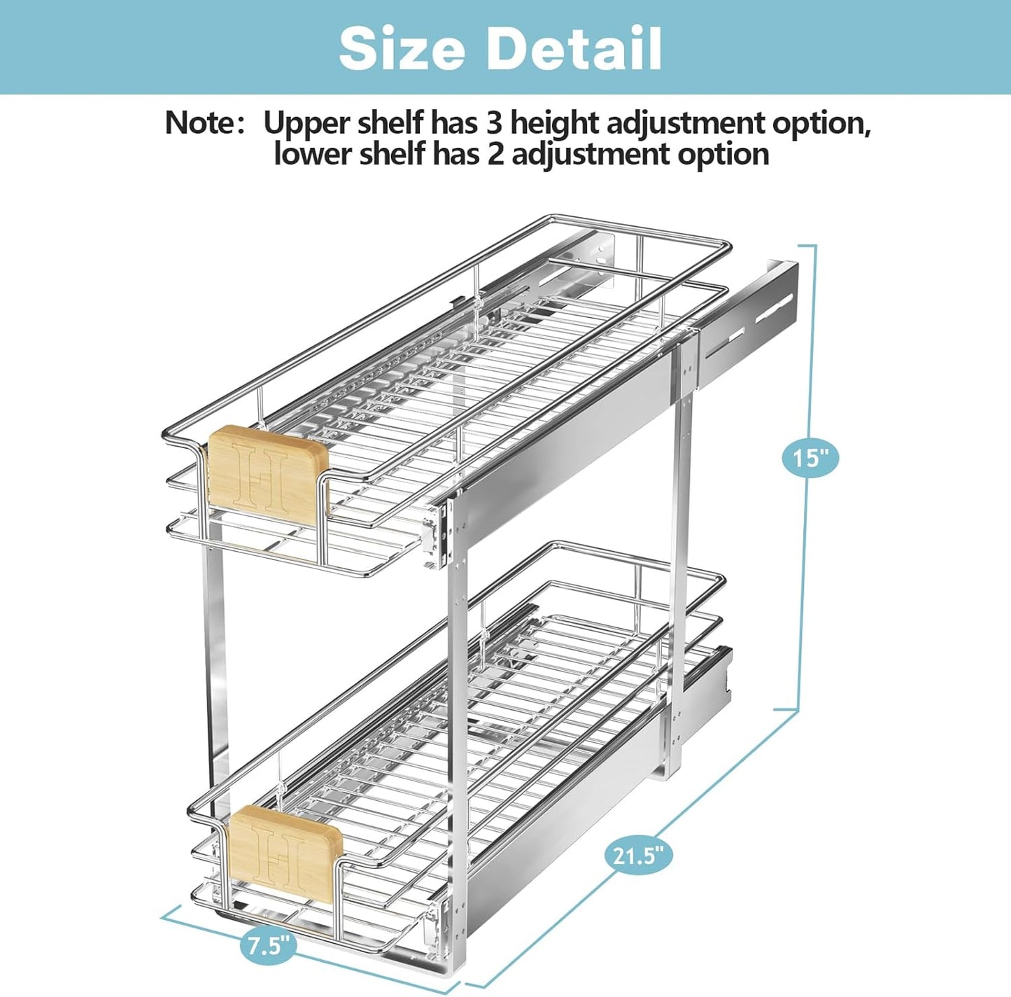 LOVMOR 2 Tier Pull Out Cabinet Organizer 10½" W x 21½" D, Slide Out Drawers with Wooden Handle, Sliding Shelves Organization and Storage for Kitchen, Pantry