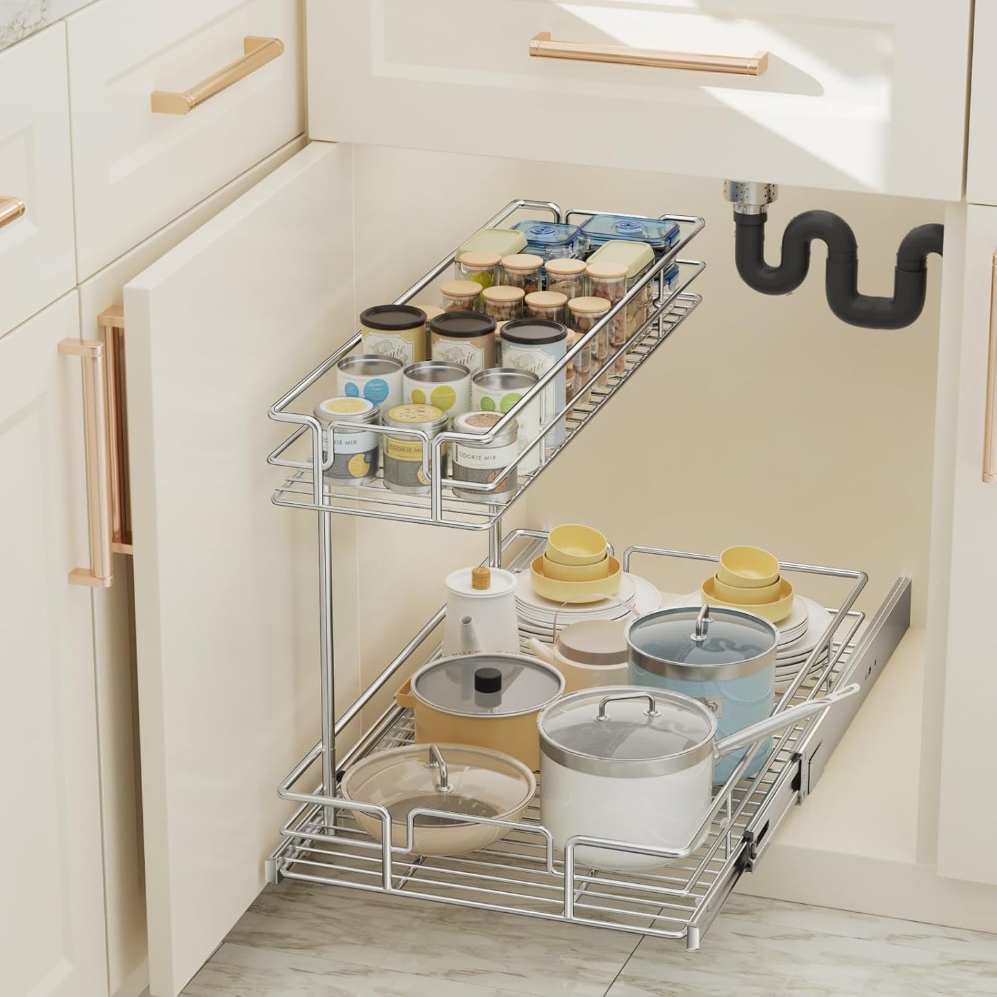 LOVMOR 2 Tier Pull Out Cabinet Organizer 10.5" W x 21.5" D Slide Out Under Sink Organizer Sliding Wire Shelves Storage for Kitchen Bathroom Cabinets