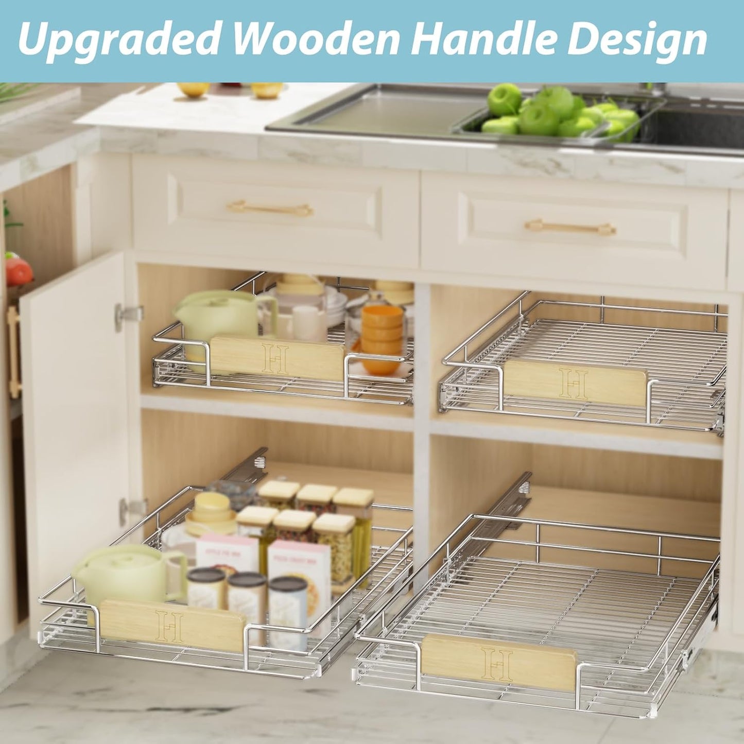 LOVMOR 2 Tier Pull Out Cabinet Organizer 10½" W x 21½" D, Slide Out Drawers with Wooden Handle, Sliding Shelves Organization and Storage for Kitchen, Pantry