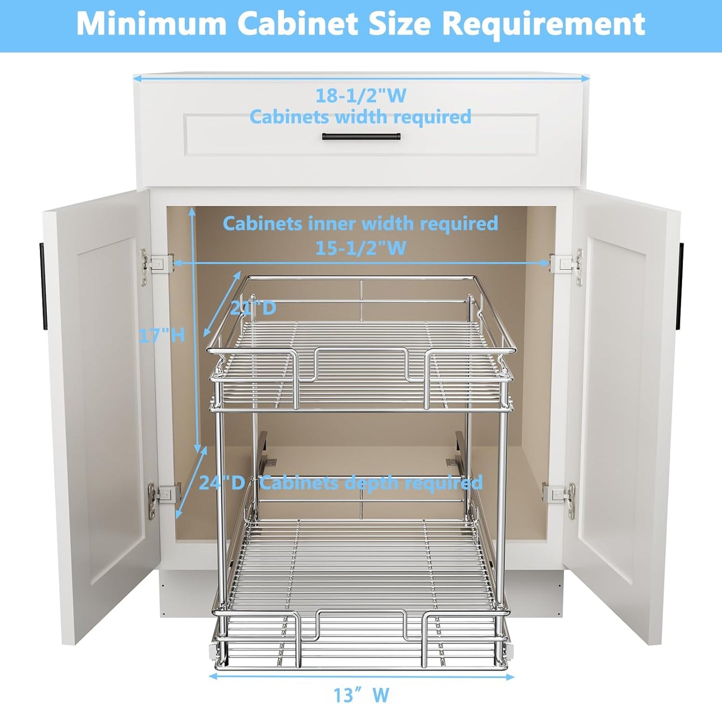 LOVMOR Cabinet Organizer, 2-Tier Pull Out Cabinet Organizers 14" W x 21" D, Pull Out Home Organizers Chrome Pull Out Drawer for Base Cabinet Silver