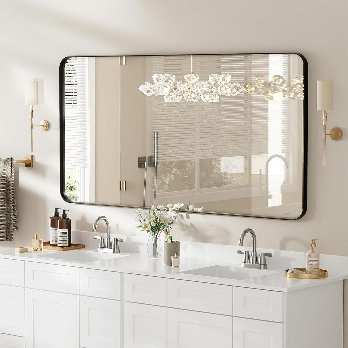 Lovmor Gold Bathroom Mirrors for Wall, 20X30 Inch Rounded Rectangle Mirror, Gold Bathroom Vanity Mirror, Metal Framed Wall-Mounted Mirror,Tempered Glass,（Horizontally or Vertically