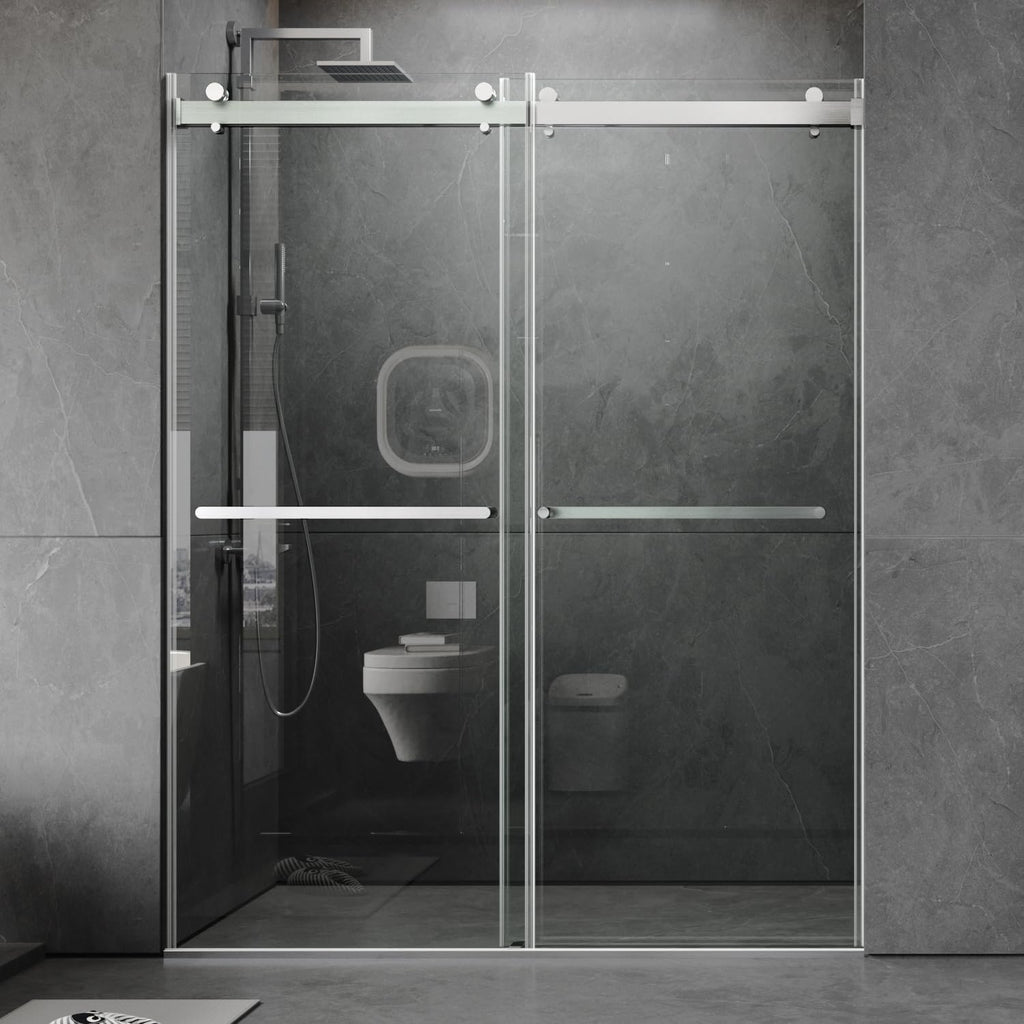 LOVMOR  56 to 60'' W x 76'' H Frameless Shower Door, Double Sliding Shower Door with Premium 3/8'' (10mm) Thick Tempered Glass, Stainless Steel, Matte Black