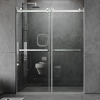 LOVMOR  56 to 60'' W x 76'' H Frameless Shower Door, Double Sliding Shower Door with Premium 3/8'' (10mm) Thick Tempered Glass, Stainless Steel, Matte Black