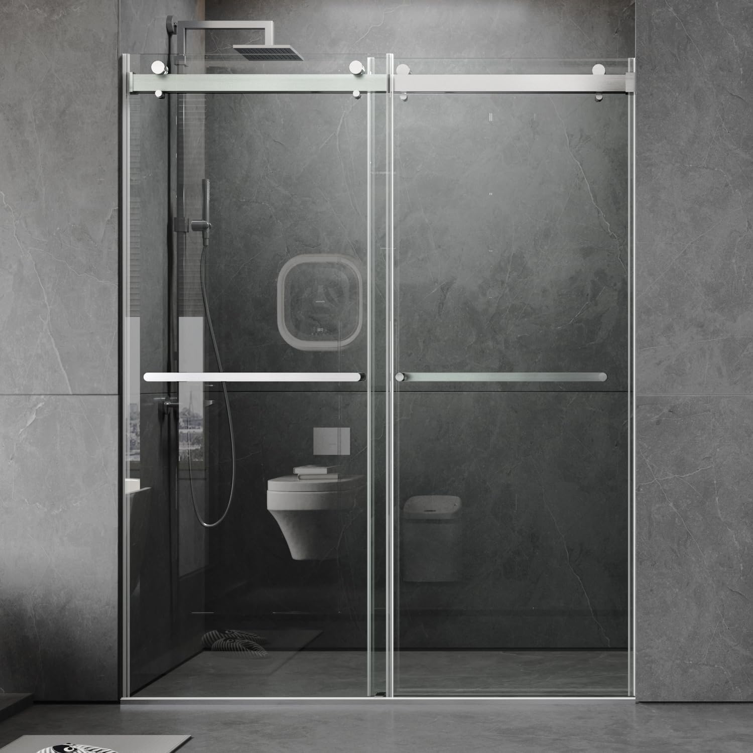 LOVMOR  56 to 60'' W x 76'' H Frameless Shower Door, Double Sliding Shower Door with Premium 3/8'' (10mm) Thick Tempered Glass, Stainless Steel, Matte Black