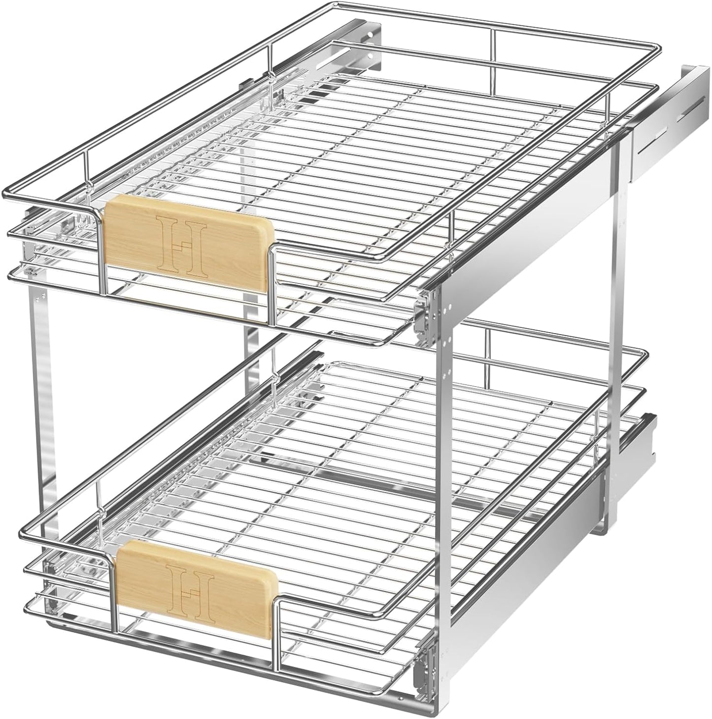 LOVMOR 2 Tier Pull Out Cabinet Organizer 10½" W x 21½" D, Slide Out Drawers with Wooden Handle, Sliding Shelves Organization and Storage for Kitchen, Pantry