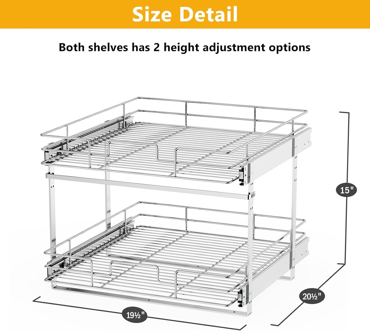 LOVMOR Slide Out Cabinet Organizer for Kitchen, 2 Tier Pull Out Shelves Sliding Cabinet Organizer and Storage, Chrome (16.5" W x 20.5" D)