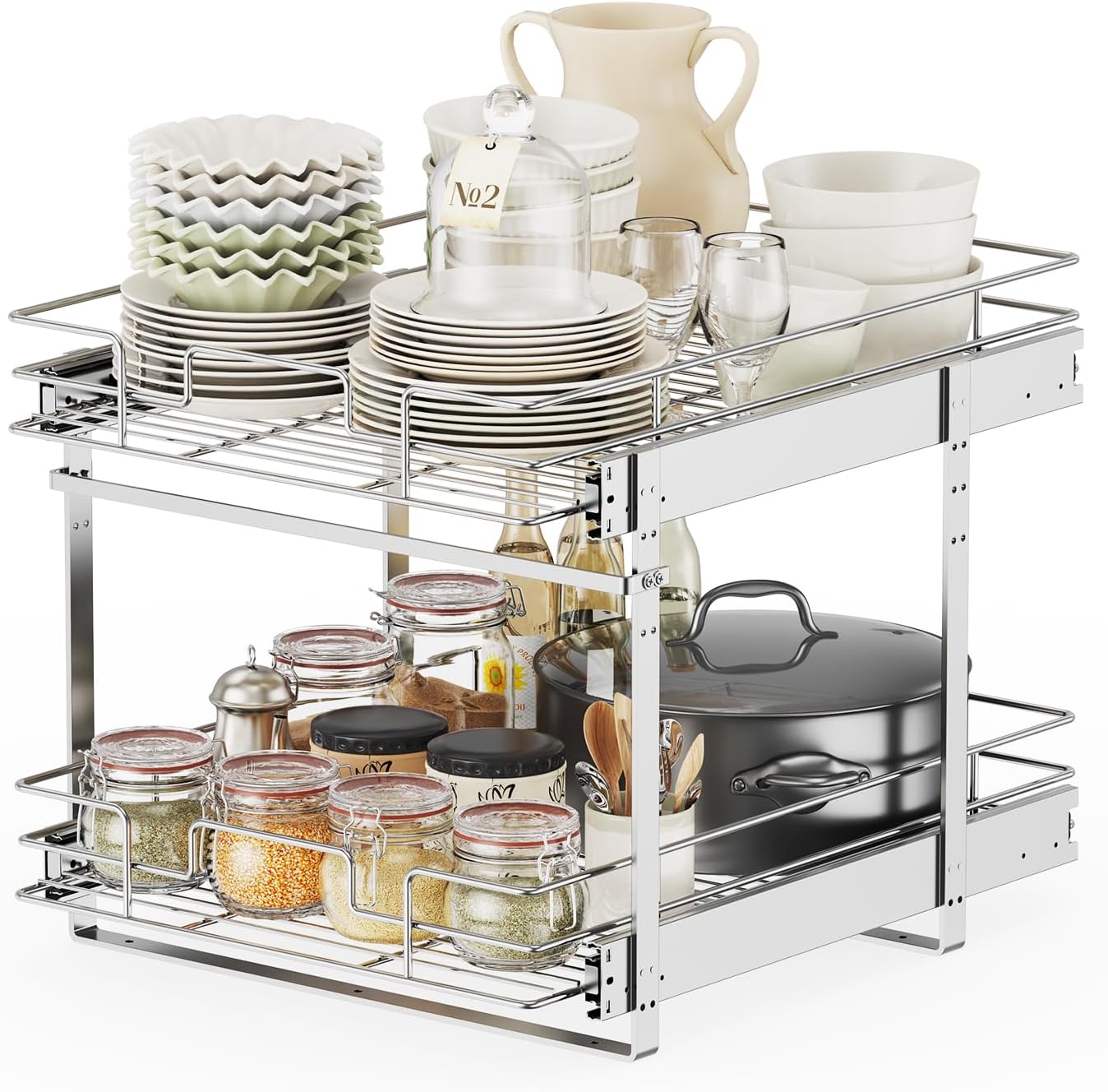 LOVMOR Slide Out Cabinet Organizer for Kitchen, 2 Tier Pull Out Shelves Sliding Cabinet Organizer and Storage, Chrome (16.5" W x 20.5" D)