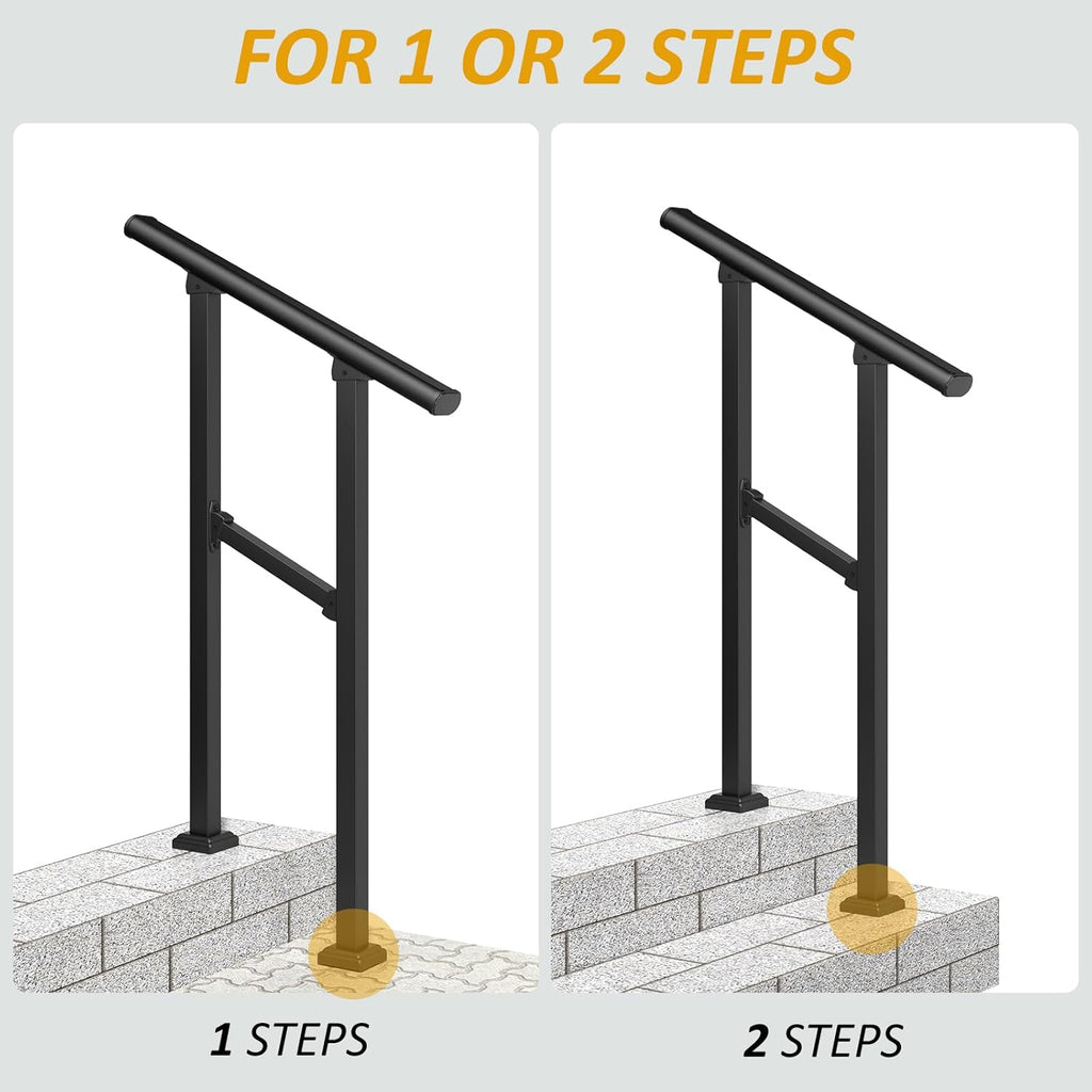 LOVMOR 2 Pack 2 Step Handrails for Outdoor Steps, Safety Outdoor Hand Rails for Exterior Steps, Black Wrought Iron Stair Railing Kit (1-2 Steps Handrail)