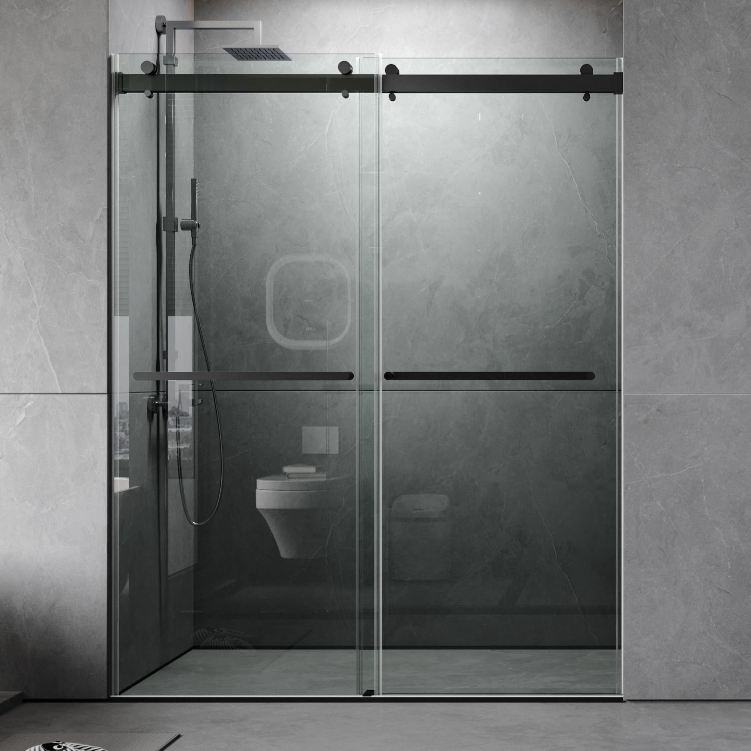 LOVMOR  56 to 60'' W x 76'' H Frameless Shower Door, Double Sliding Shower Door with Premium 3/8'' (10mm) Thick Tempered Glass, Stainless Steel, Matte Black