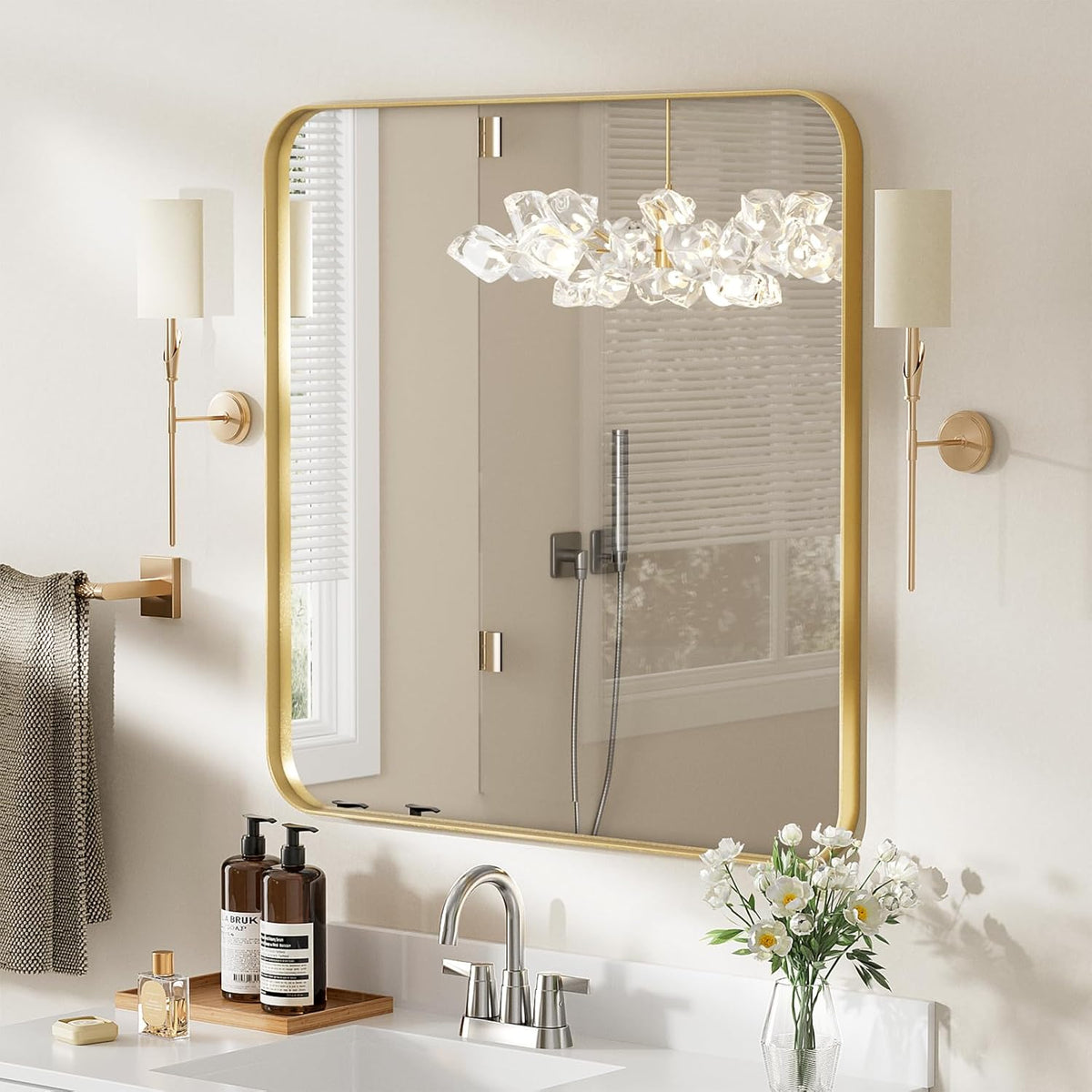 Lovmor Gold Bathroom Mirrors for Wall, 20X30 Inch Rounded Rectangle Mirror, Gold Bathroom Vanity Mirror, Metal Framed Wall-Mounted Mirror,Tempered Glass,（Horizontally or Vertically