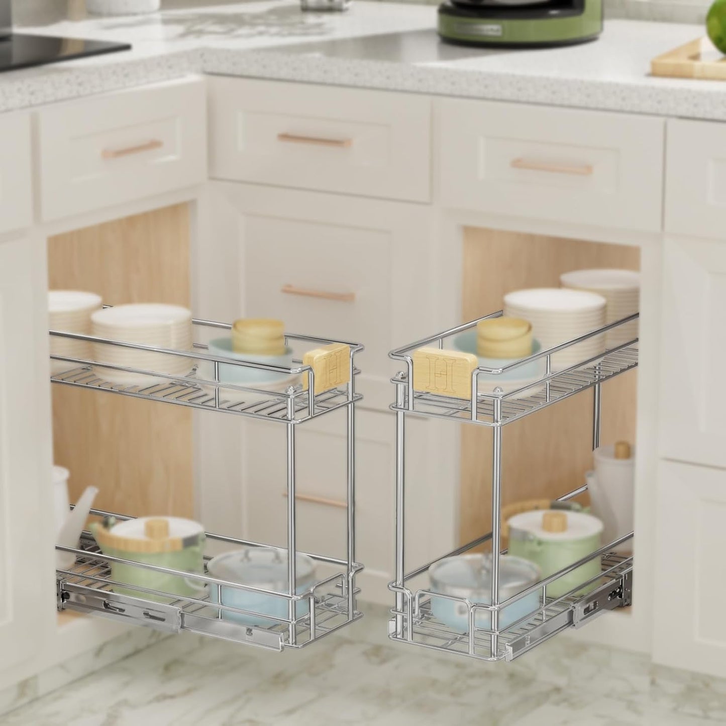 LOVMOR Pull Out Cabinet Organizer With Wooden Handle 10½" W x 21½" D 2-Tier Cabinet Drawer Pull Out Shelves Under Cabinet Storage for Kitchen