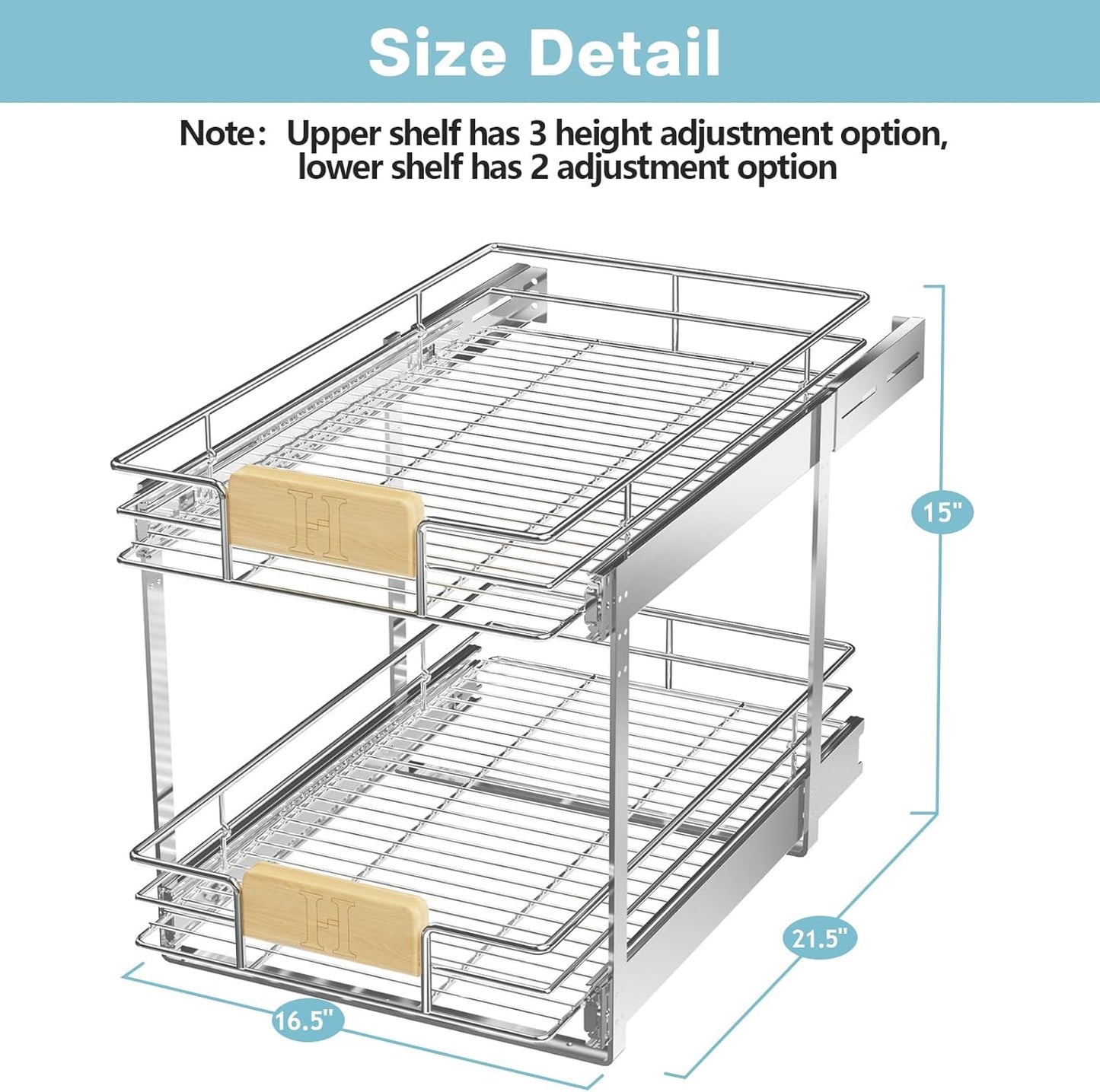 LOVMOR 2 Tier Pull Out Cabinet Organizer 10½" W x 21½" D, Slide Out Drawers with Wooden Handle, Sliding Shelves Organization and Storage for Kitchen, Pantry