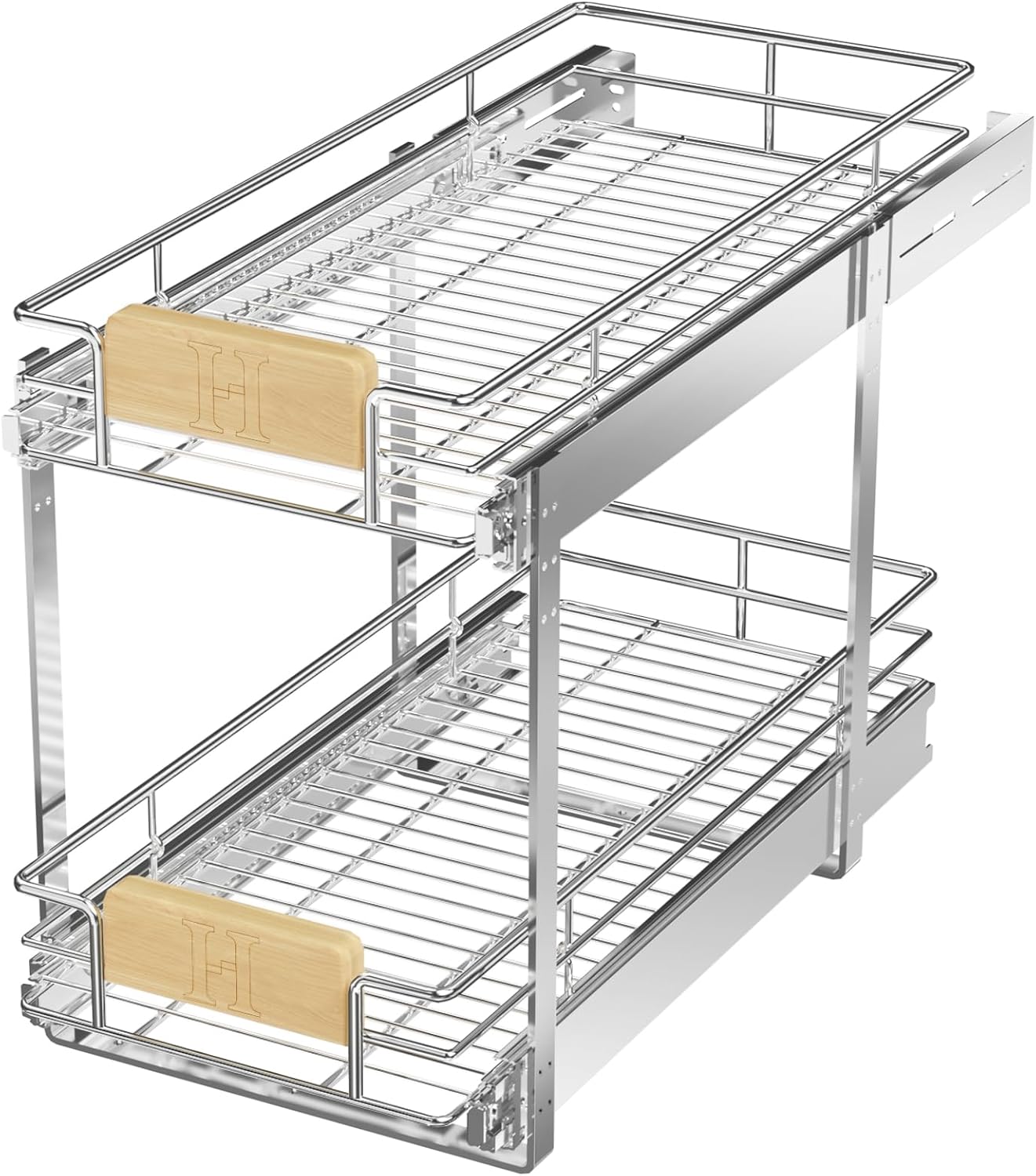 LOVMOR 2 Tier Pull Out Cabinet Organizer 10½" W x 21½" D, Slide Out Drawers with Wooden Handle, Sliding Shelves Organization and Storage for Kitchen, Pantry