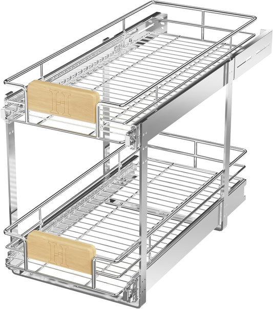 LOVMOR 2 Tier Pull Out Cabinet Organizer 10½" W x 21½" D, Slide Out Drawers with Wooden Handle, Sliding Shelves Organization and Storage for Kitchen, Pantry