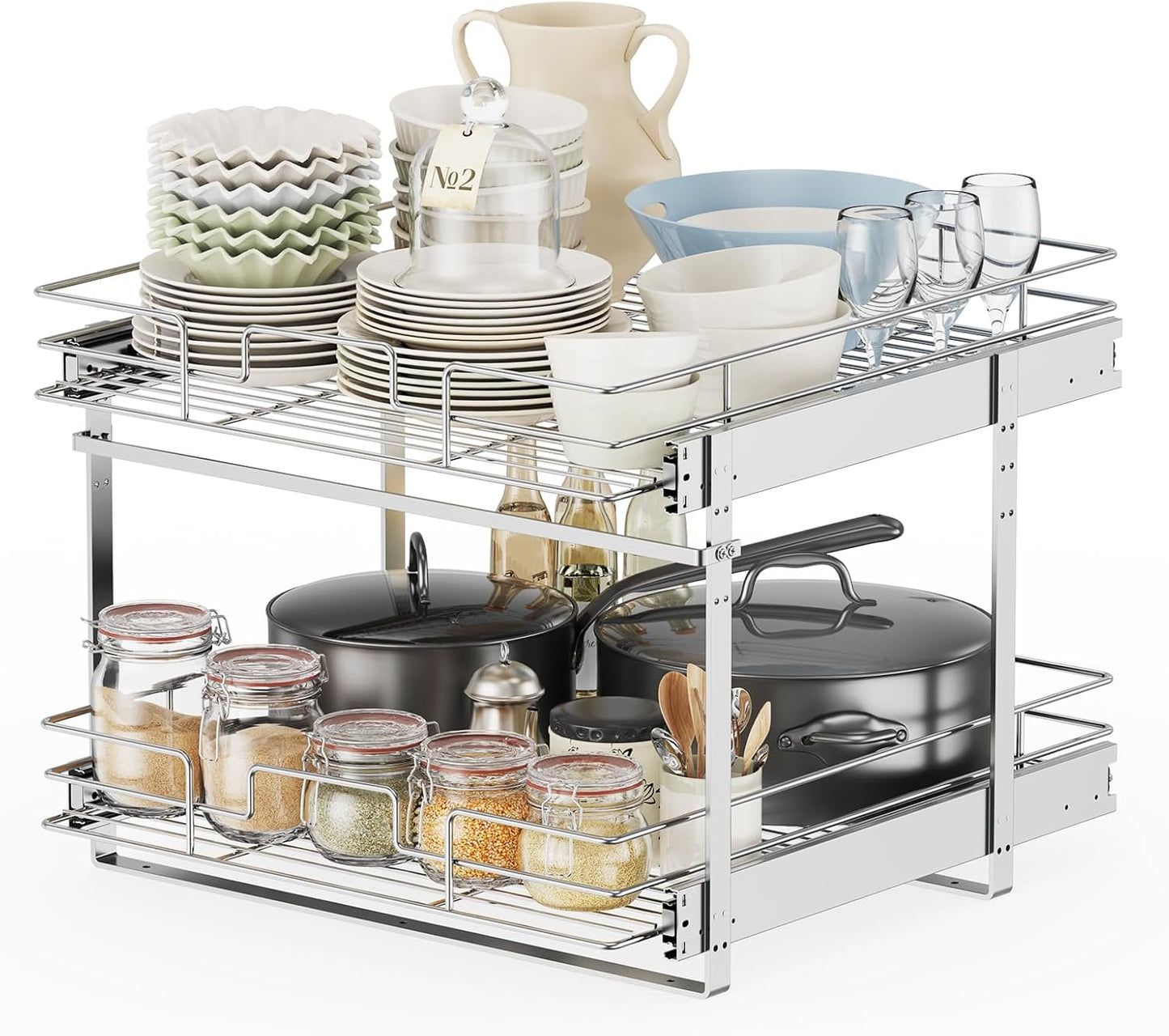 LOVMOR Slide Out Cabinet Organizer for Kitchen, 2 Tier Pull Out Shelves Sliding Cabinet Organizer and Storage, Chrome (16.5" W x 20.5" D)