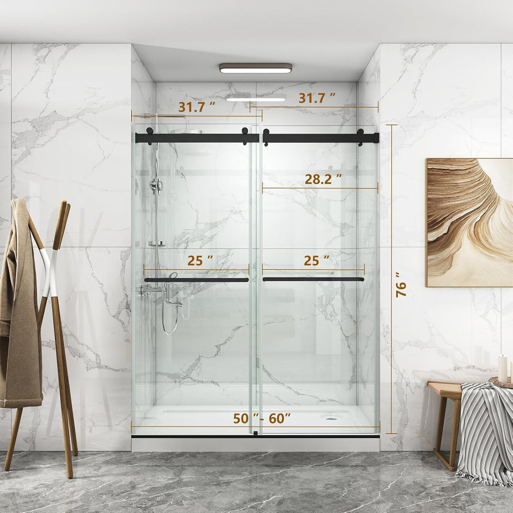 LOVMOR  56 to 60'' W x 76'' H Frameless Shower Door, Double Sliding Shower Door with Premium 3/8'' (10mm) Thick Tempered Glass, Stainless Steel, Matte Black