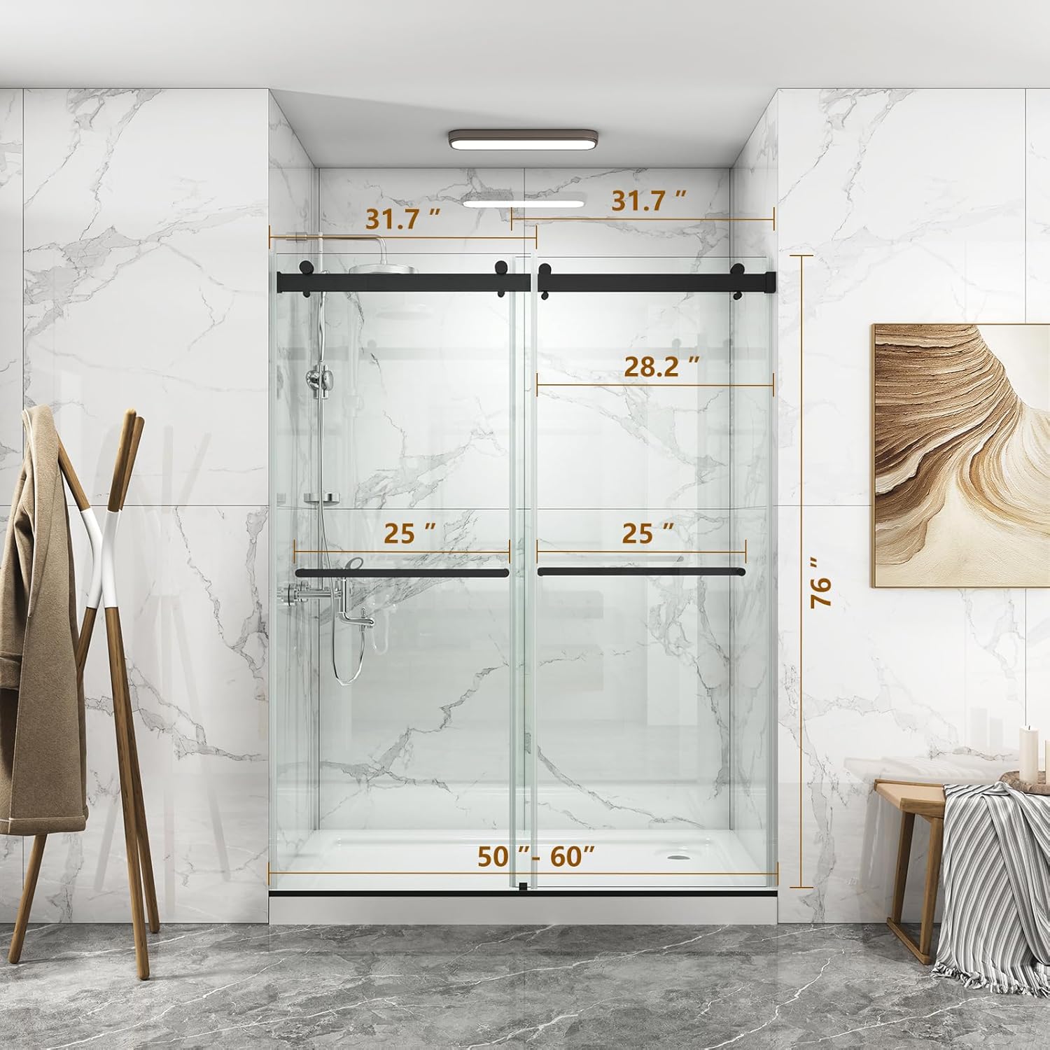 LOVMOR  56 to 60'' W x 76'' H Frameless Shower Door, Double Sliding Shower Door with Premium 3/8'' (10mm) Thick Tempered Glass, Stainless Steel, Matte Black
