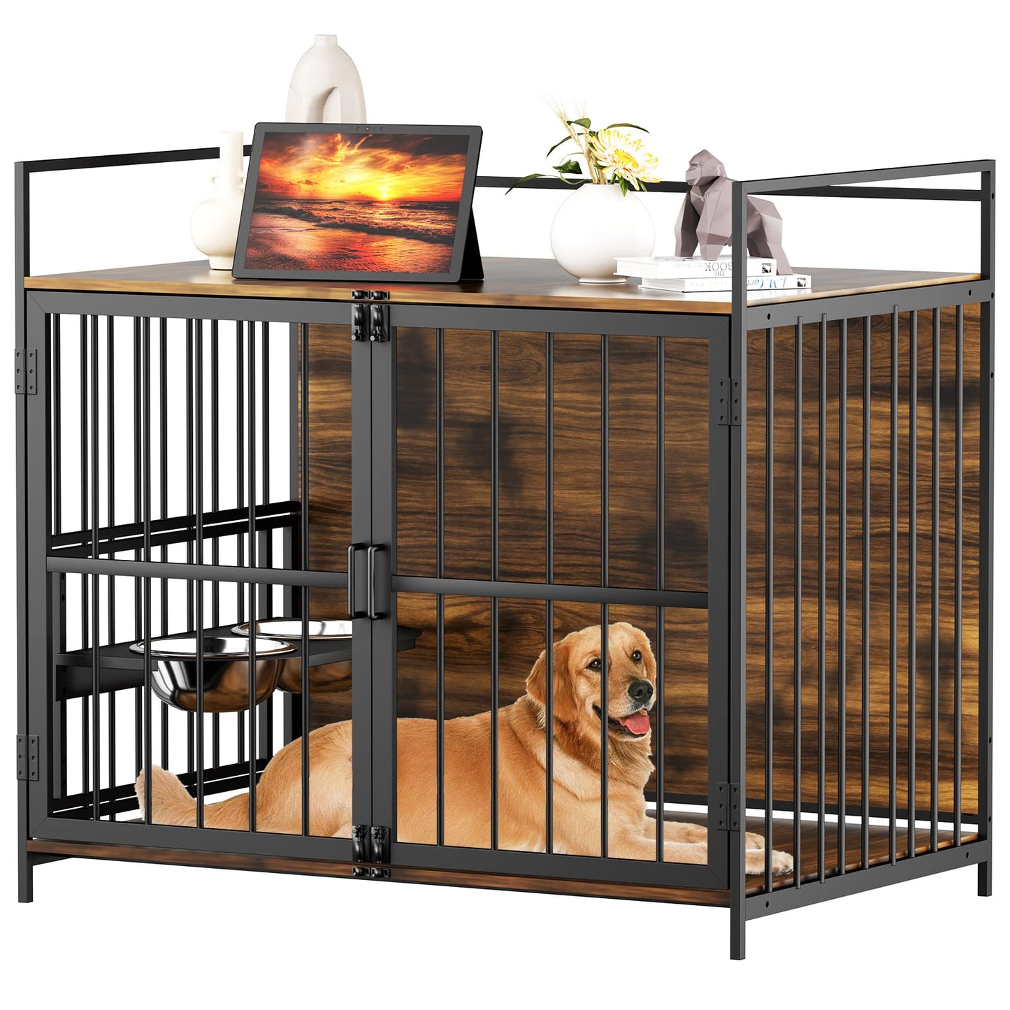 Furniture Style Large Dog Cage with Adjustable Raised Feeder Large