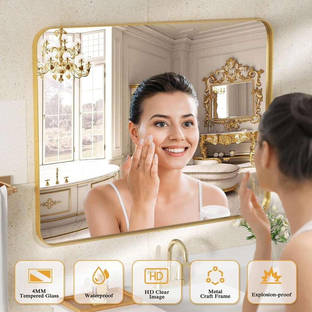 Lovmor Gold Bathroom Mirrors for Wall, 20X30 Inch Rounded Rectangle Mirror, Gold Bathroom Vanity Mirror, Metal Framed Wall-Mounted Mirror,Tempered Glass,（Horizontally or Vertically