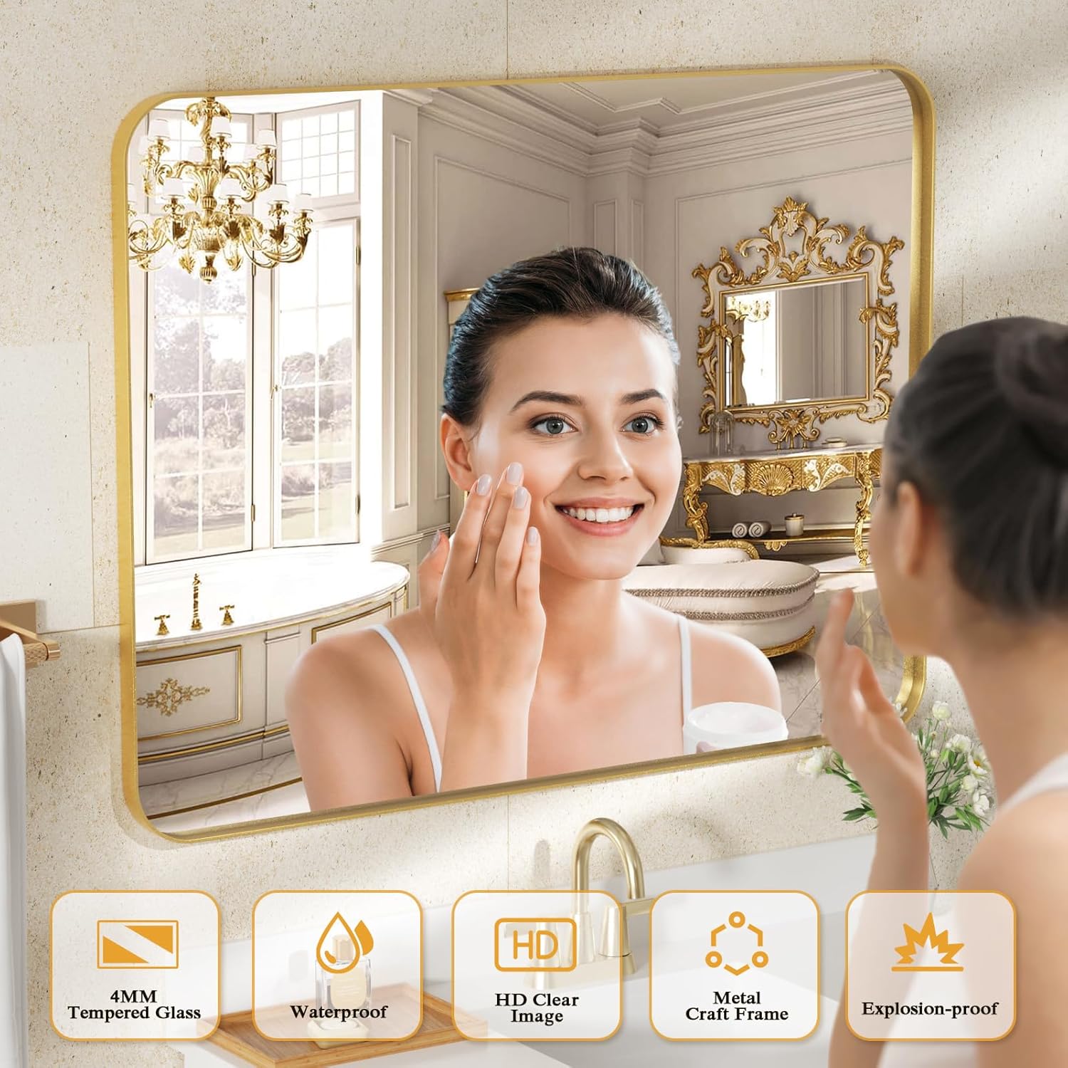 Lovmor Gold Bathroom Mirrors for Wall, 20X30 Inch Rounded Rectangle Mirror, Gold Bathroom Vanity Mirror, Metal Framed Wall-Mounted Mirror,Tempered Glass,（Horizontally or Vertically