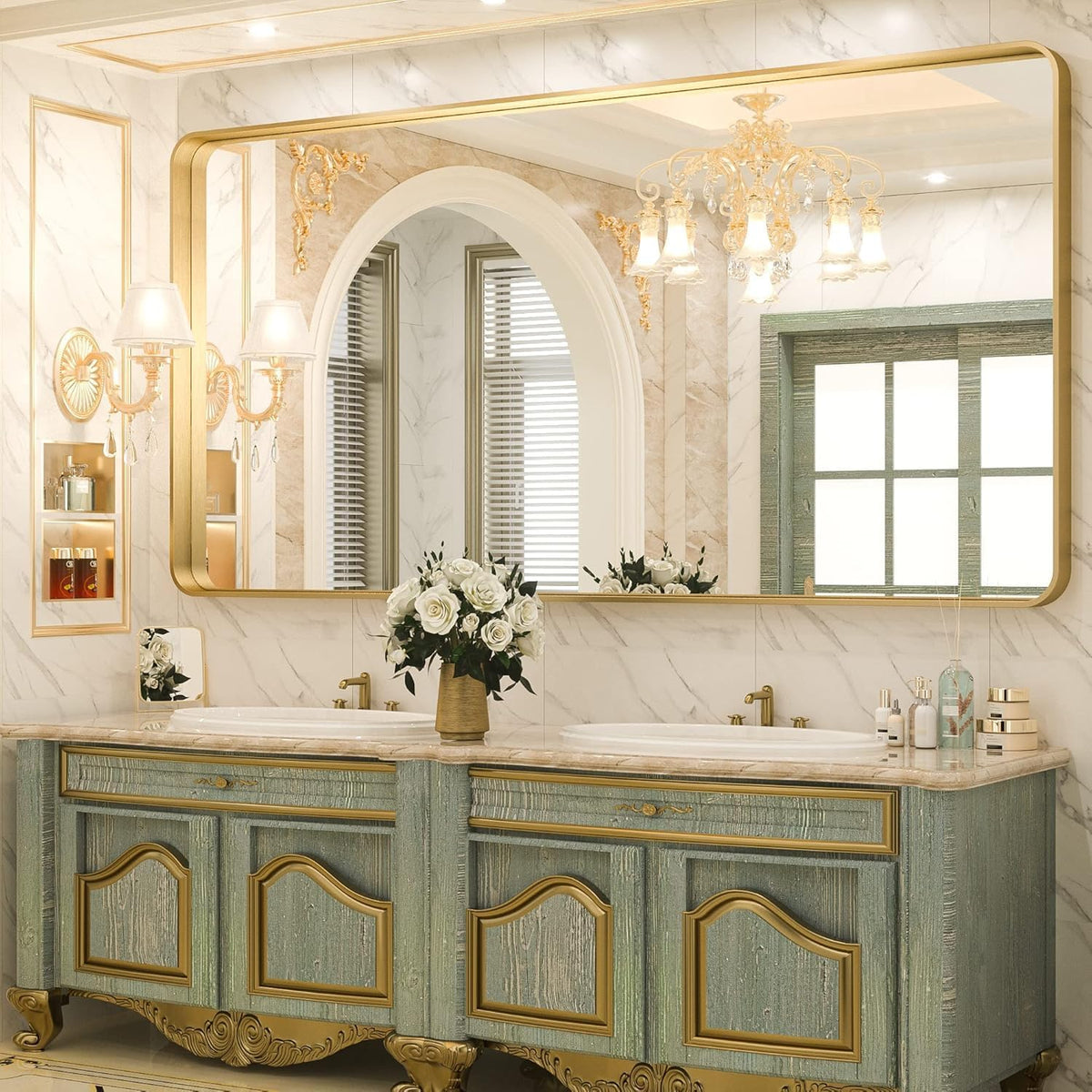 Lovmor Gold Bathroom Mirrors for Wall, 20X30 Inch Rounded Rectangle Mirror, Gold Bathroom Vanity Mirror, Metal Framed Wall-Mounted Mirror,Tempered Glass,（Horizontally or Vertically