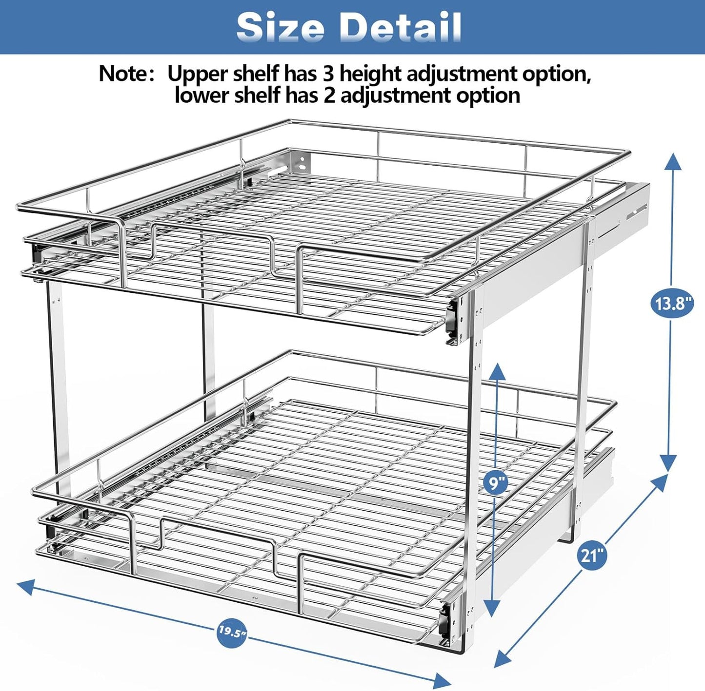 LOVMOR 2 Tier Individual Pull Out Cabinet Organizer 11"W x 21"D, Slide Out Kitchen Cabinet Storage Sliding Shelves