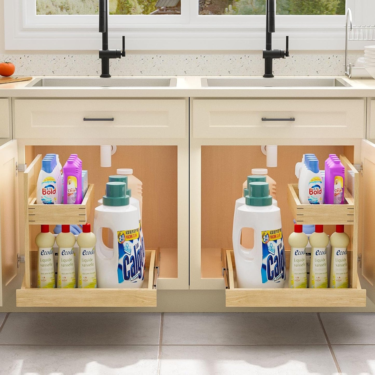 LOVMOR Under Sink Organizers and Storage 22½” W x 21” D, 2 Tier Pull Out Cabinet Organizer with Soft Close, Adjustable Pull Out Cabinet organizer with U Bracket for Bathroom Kitchen(Right)