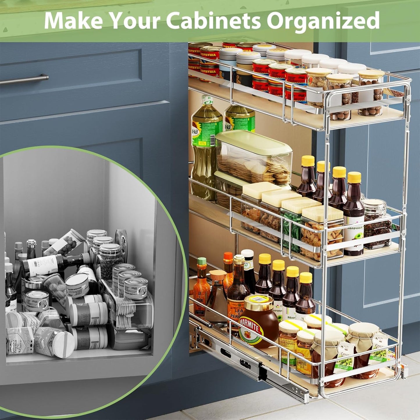 LOVMOR 3-Tier Pull Out Cabinet Organizer Spice Rack for Narrow Cabinet 6" W x 20½" D, Slide Out Wood Shelves Storage for Kitchen