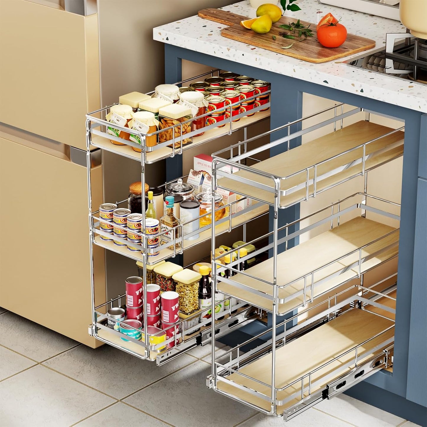 LOVMOR Pull Out Spice Rack for Narrow Cabinet (5½" W X 21" D),3 Tier Slide Out Cabinet Organizer and Pull Out Shelves Under Cabinet Storage for Kitchen, Chrome