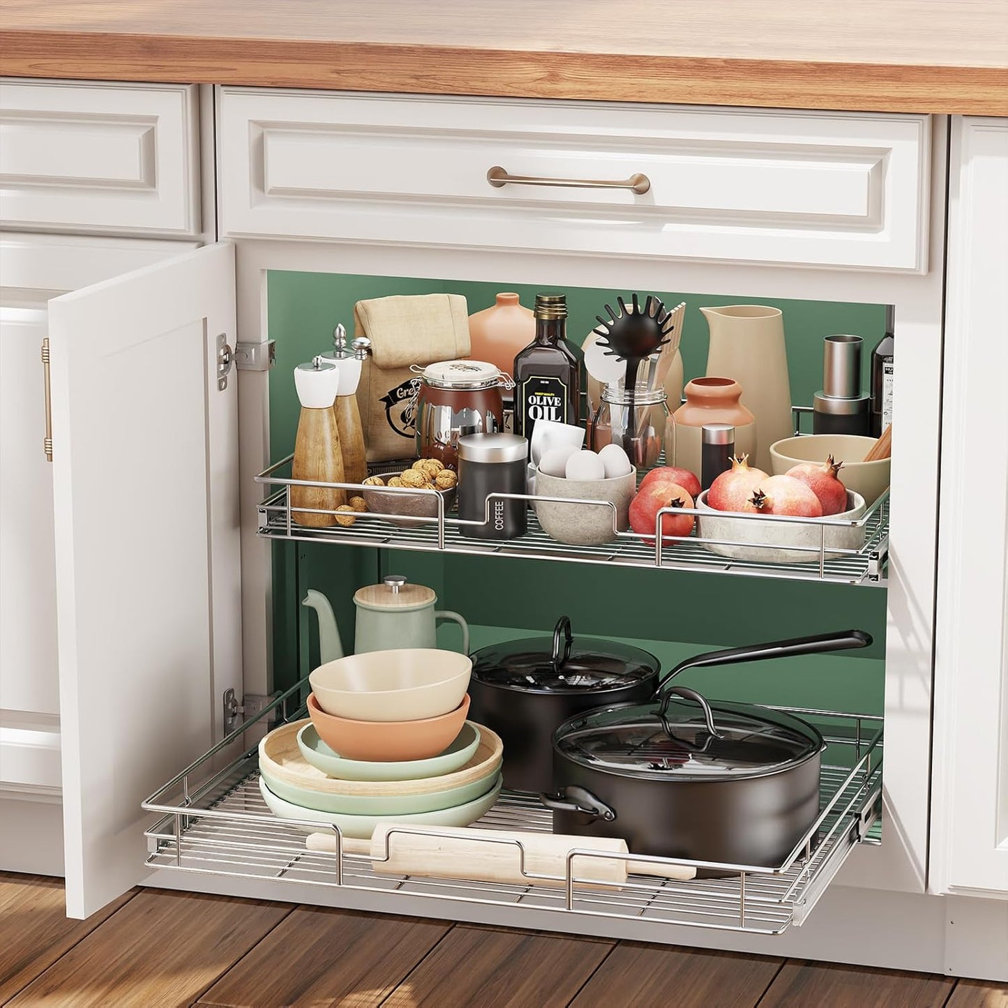 LOVMOR 2 Tier Individual Pull Out Cabinet Organizer 30" W x 21½" D, Slide Out Kitchen Cabinet Storage Sliding Shelves