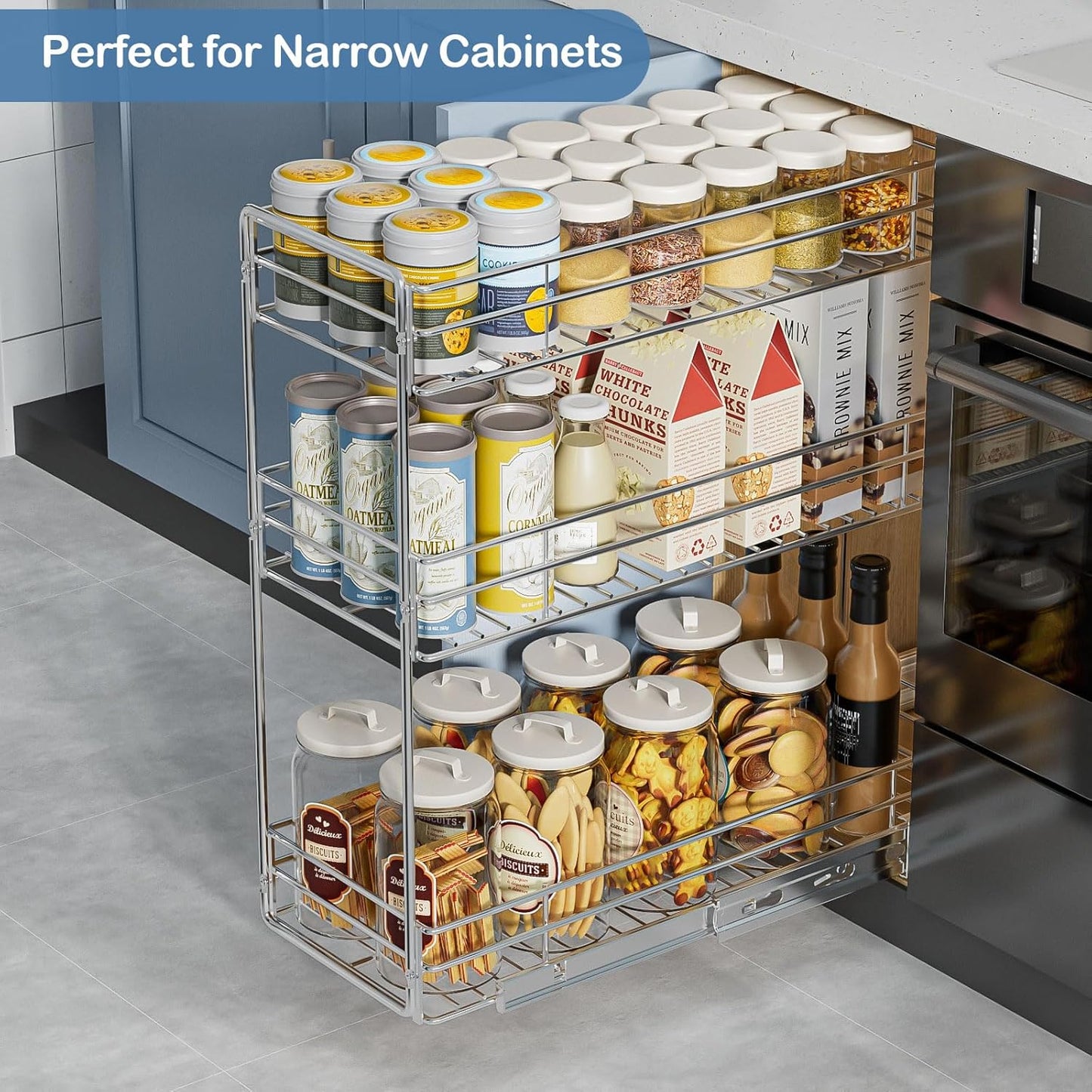 LOVMOR Pull Out Spice Rack for Narrow Cabinet (5½" W X 21" D),3 Tier Slide Out Cabinet Organizer and Pull Out Shelves Under Cabinet Storage for Kitchen, Chrome