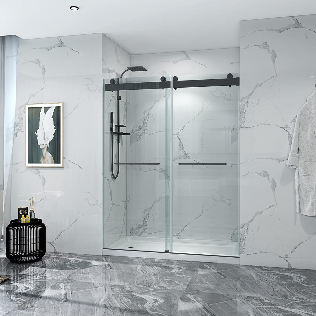 LOVMOR  56 to 60'' W x 76'' H Frameless Shower Door, Double Sliding Shower Door with Premium 3/8'' (10mm) Thick Tempered Glass, Stainless Steel, Matte Black