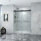 LOVMOR  56 to 60'' W x 76'' H Frameless Shower Door, Double Sliding Shower Door with Premium 3/8'' (10mm) Thick Tempered Glass, Stainless Steel, Matte Black