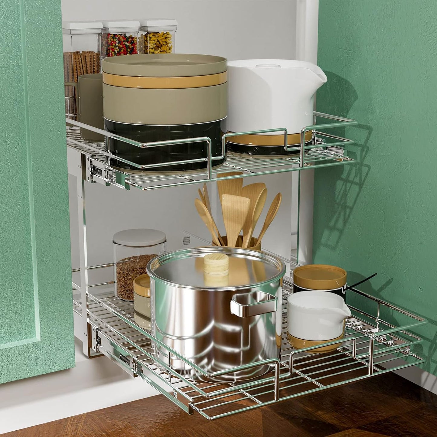 LOVMOR 2 Tier Individual Pull Out Cabinet Organizer 30" W x 21½" D, Slide Out Kitchen Cabinet Storage Sliding Shelves