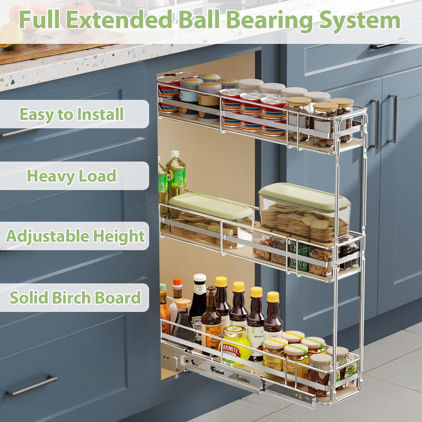 LOVMOR Pull Out Spice Rack for Narrow Cabinet (5½" W X 21" D),3 Tier Slide Out Cabinet Organizer and Pull Out Shelves Under Cabinet Storage for Kitchen, Chrome