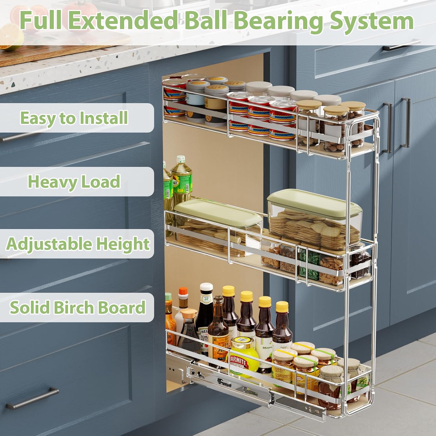 LOVMOR 3-Tier Pull Out Cabinet Organizer Spice Rack for Narrow Cabinet, Slide Out Wood Shelves Storage for Kitchen