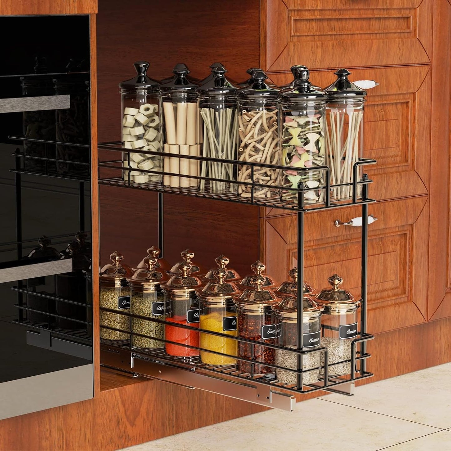 LOVMOR Pull Out Spice Rack for Narrow Cabinet (5½" W X 21" D),3 Tier Slide Out Cabinet Organizer and Pull Out Shelves Under Cabinet Storage for Kitchen, Chrome