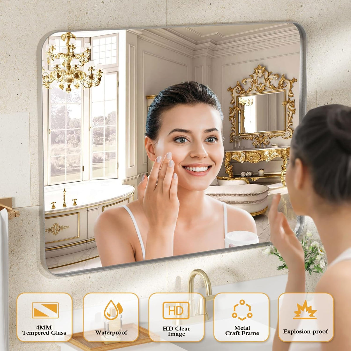 Lovmor Gold Bathroom Mirrors for Wall, 20X30 Inch Rounded Rectangle Mirror, Gold Bathroom Vanity Mirror, Metal Framed Wall-Mounted Mirror,Tempered Glass,（Horizontally or Vertically