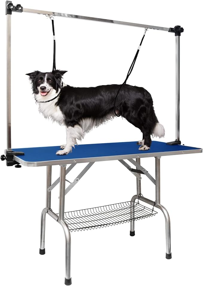 LOVMOR  46" Dog Grooming Table,Foldable Home Pet Bathing Station with Adjustable Height Arm/Noose/Mesh Tray