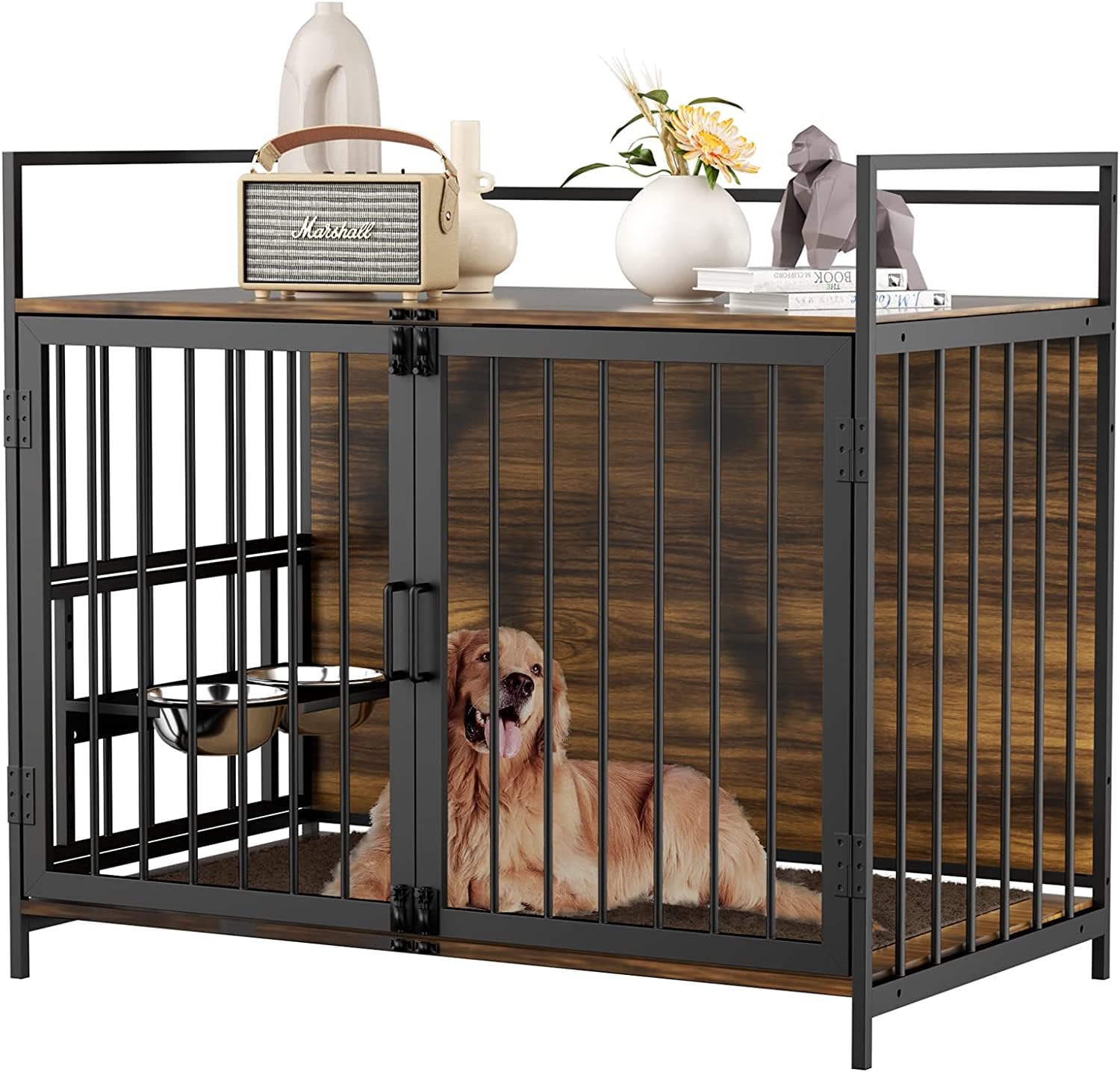 Furniture Style Large Dog Cage with Adjustable Raised Feeder Large