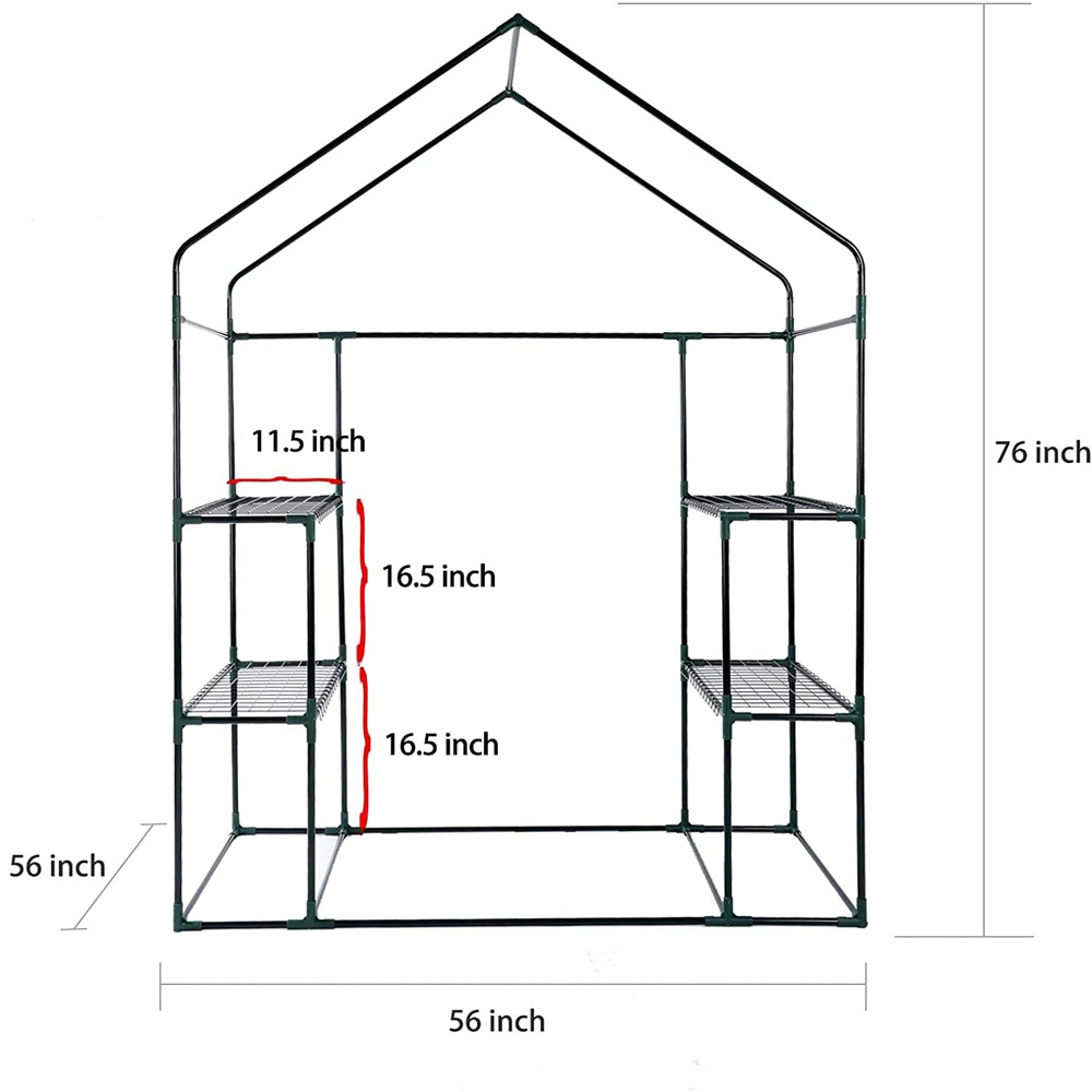 Walk-In Garden Greenhouse (56" W x 56" D x 76" H) with 2 Tiers, 8 Shelves, Observation Window, and Anchoring Set - Green