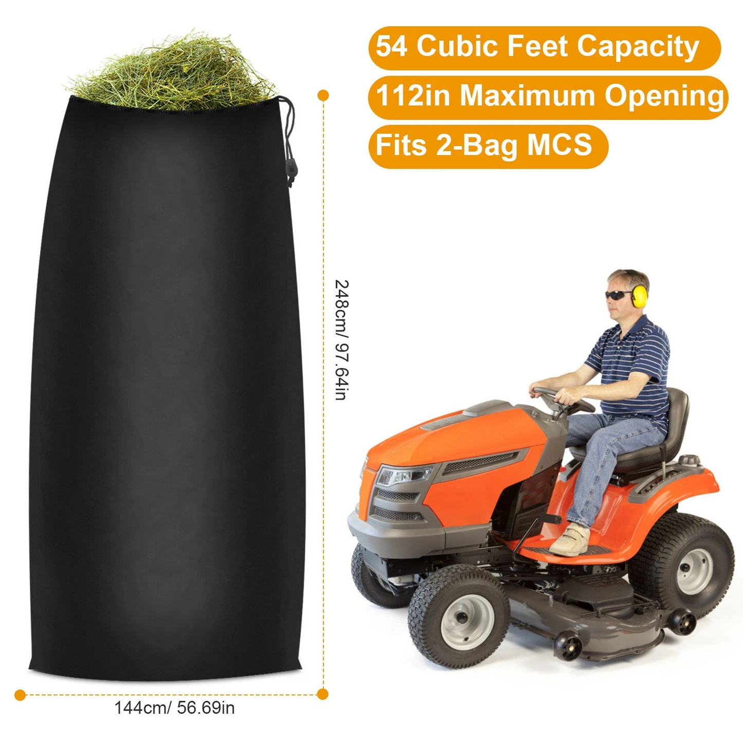 54 Cubic Feet Lawn Tractor Leaf Bag: Standard Garden Waste Collection System with 112-Inch Opening
