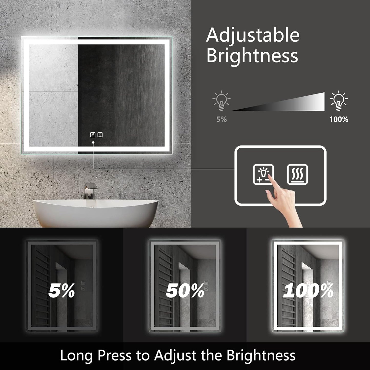 Frameless Frosted Square Led Bathroom Mirrors with Dimmable Lights