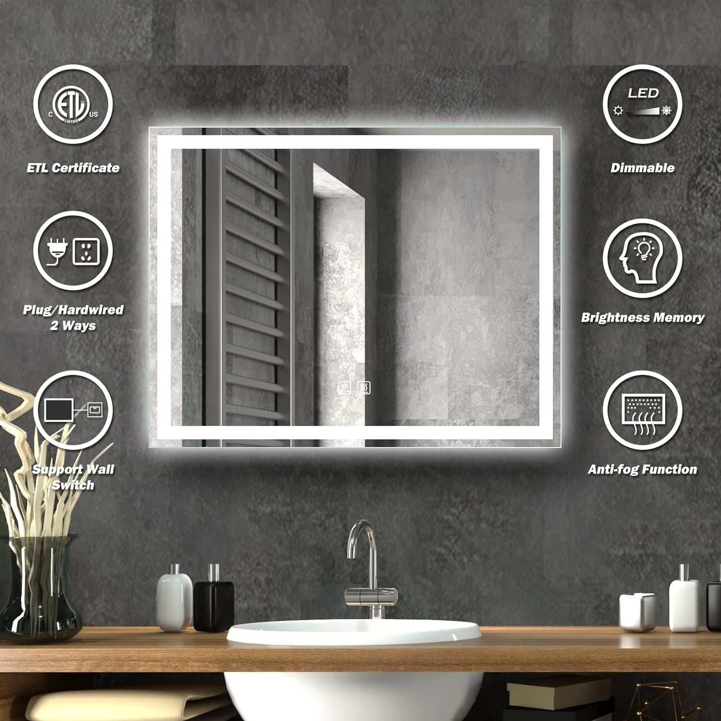 Frameless Frosted Square Led Bathroom Mirrors with Dimmable Lights