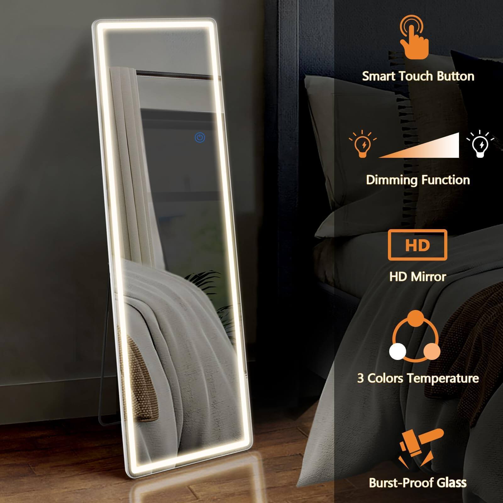 3 Color Lighted Floor Standing Mirror with LED Lights