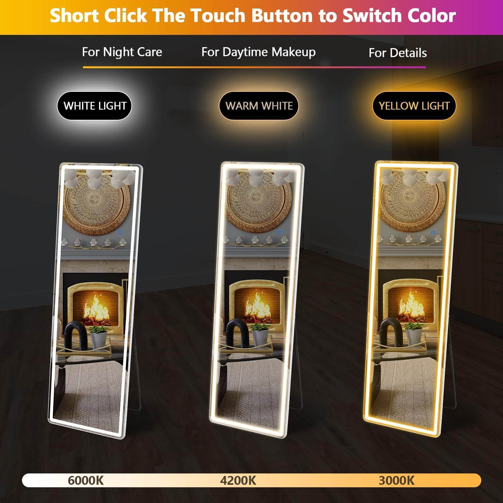 3 Color Lighted Floor Standing Mirror with LED Lights